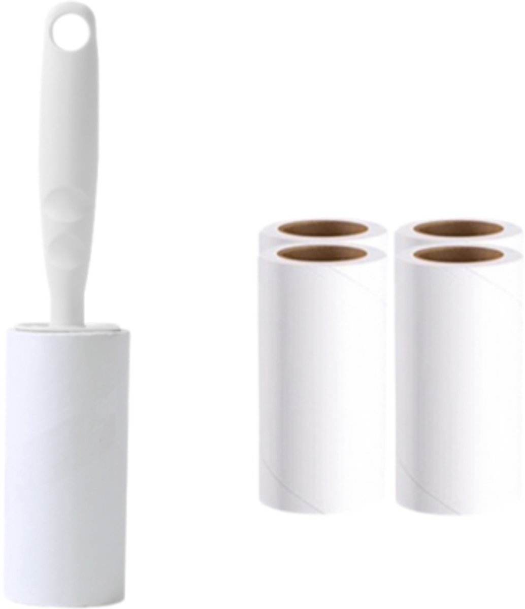 Pluisrollers - 5 rollen - met 1 dispenser - supersterke kleefkracht - geschikt voor kleding, haar, kattenhaar, hondenhaar - afscheurbare rol - wit