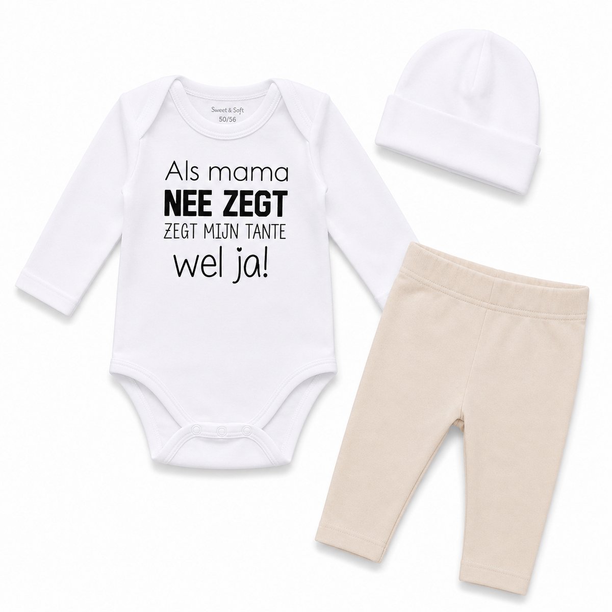 Baby cadeau geboorte unisex jongen of meisje Setje 3-delig newborn | maat 74-80 | grijs mutsje en broekje en romper lange mouw wit met zwarte tekst als mama nee zegt zegt mijn tante wel ja | pakje | Kraamcadeau zwangerschap bekendmaken aanstaande