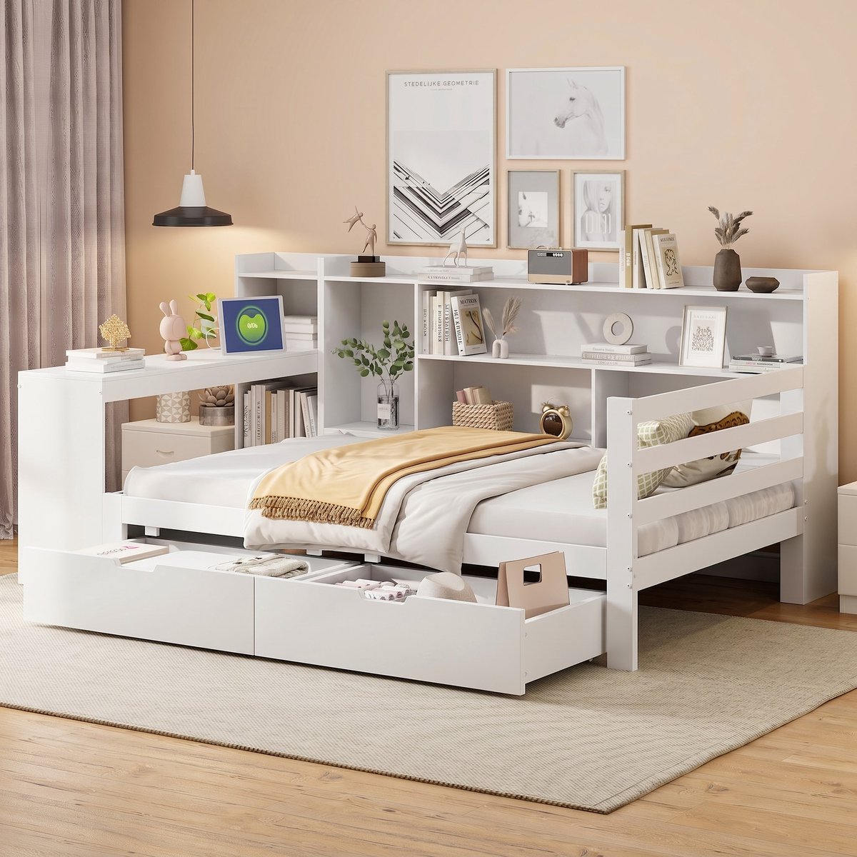 VVBV Slaapbank 1 Persoons 90x200 – met Bureau, Opbergvakken en Stopcontact – Massief Hout – Wit – Multifunctioneel – Slaapbank met Opbergruimte White