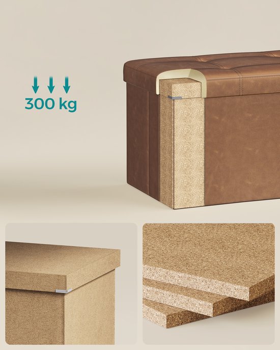 Detail van de constructie van een bruine opbergpoef, met indicatie van 300 kg laadvermogen.