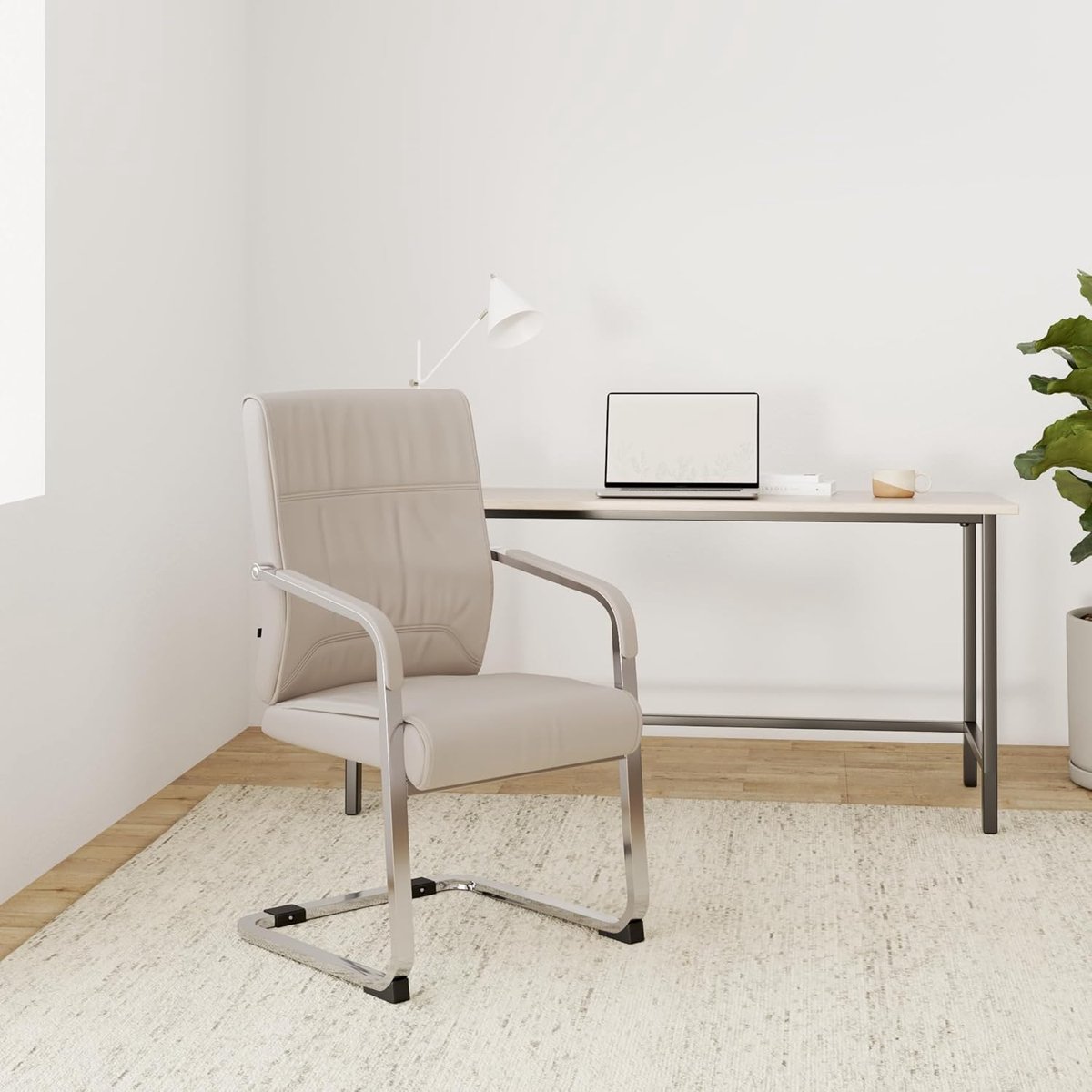 PrestigeComfort XXL Cantilever Vergaderstoel met Armleuningen, Kunstleren Bekleding en Ergonomisch Design 58 x 65 x 102 cm Crème