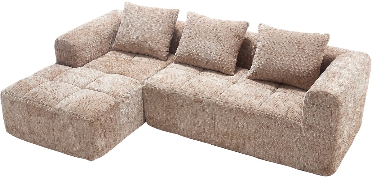 Merax L-Vormige Hoekbank 3-Zits - Khaki Chenille Bank 250 cm - Loungebank met Chaise Longue - Zijvak - 3 Kussens - Geen Montage Nodig