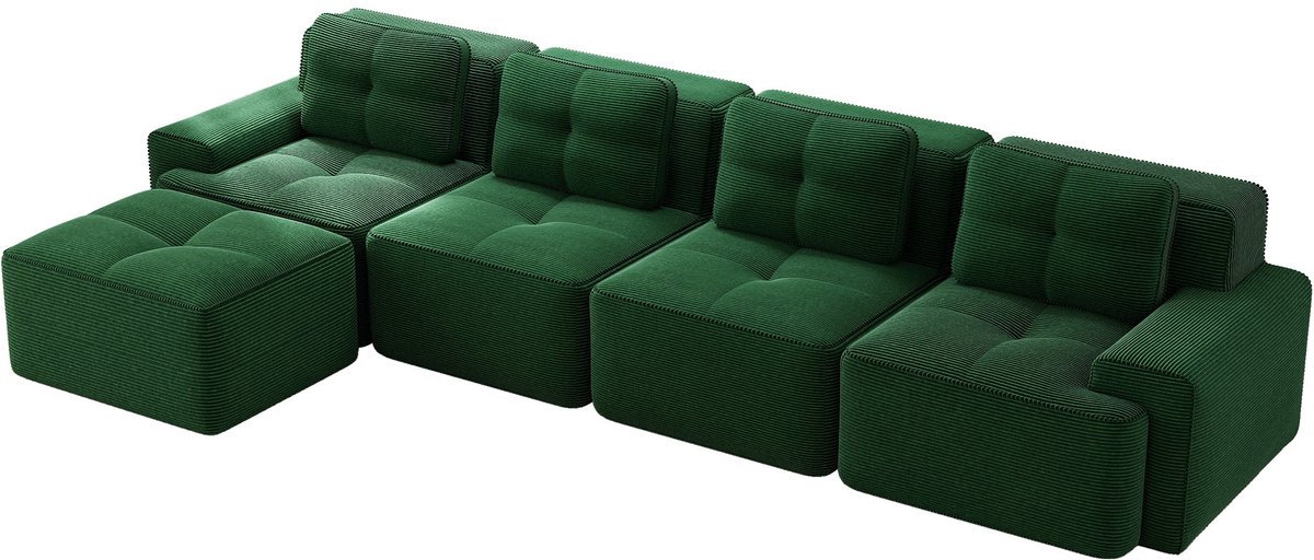 Merax L-Vormige Cloudbank 4-Zits - Groene Ribstof Loungebank 382 cm - Modulaire Bank met Chaise Longue - Diepe Zitting - Antislip Onderzijde - Geen Montage Nodig