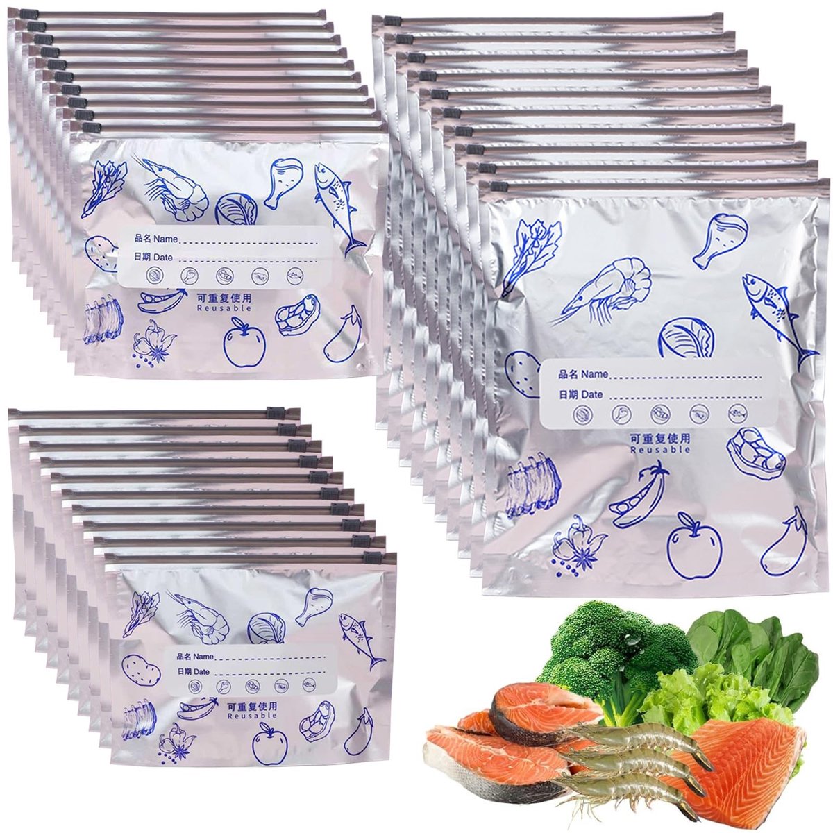 Dailygoods- Vrieszakken Herbruikbaar - 30 Stuks - Aluminiumfolie - Ritssluiting - Beschrijfbaar - Geschikt voor Vlees/Groenten/Snacks - Diepvrieszakken
