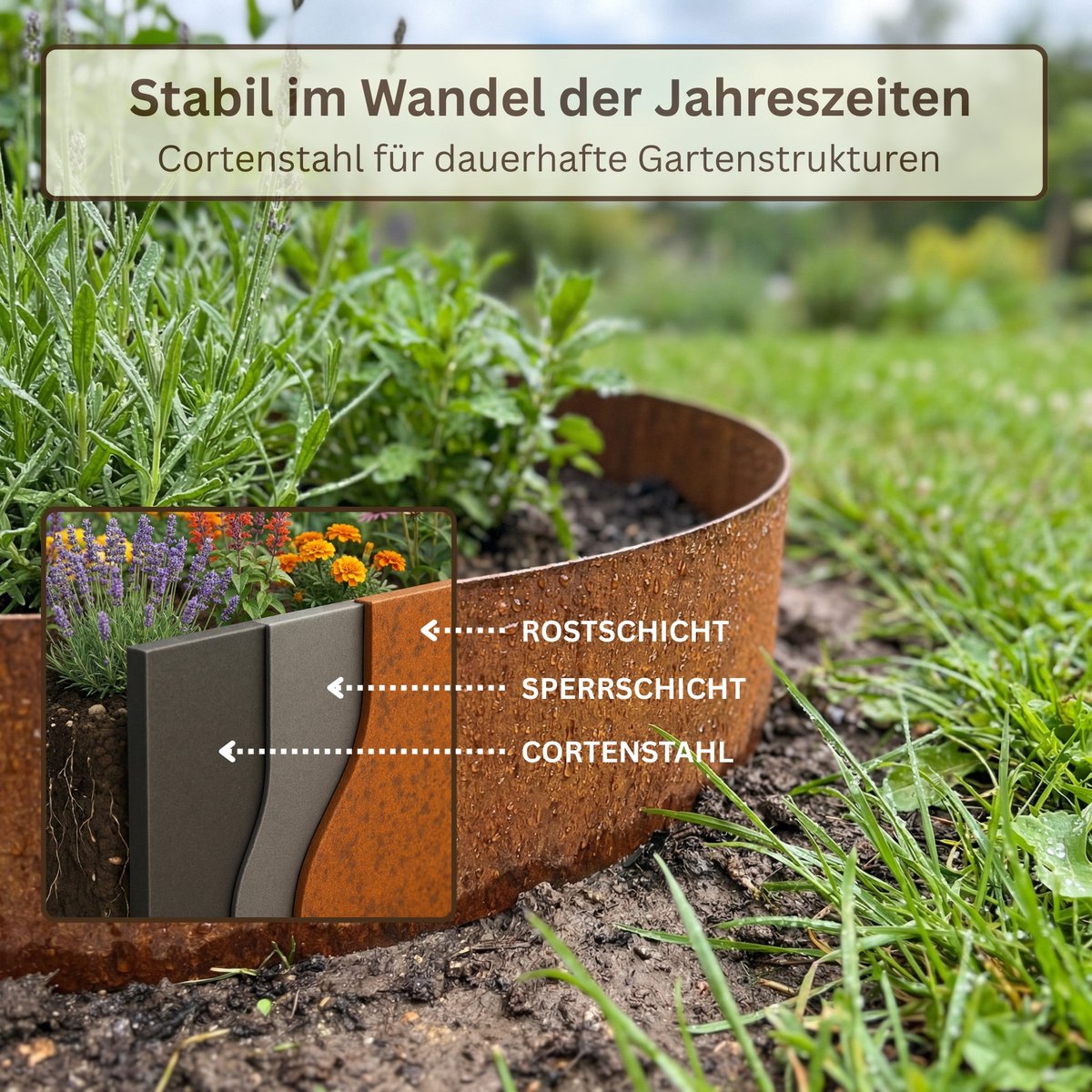 GartenAZ Borderrand - Metalen Gazonrand - Cortenstaal Borderrand - Bruin - 10 m x 15 cm (0,5mm dik)