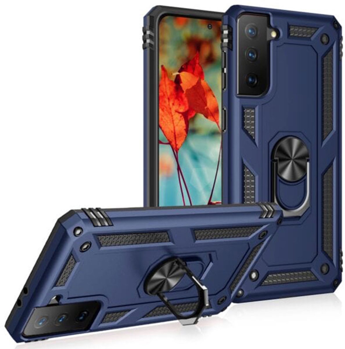 Samsung Galaxy S22 Ultra Hoesje Armor Case met Ringhouder & Standaard – Blauw/Zwart – Schokbestendige Backcover