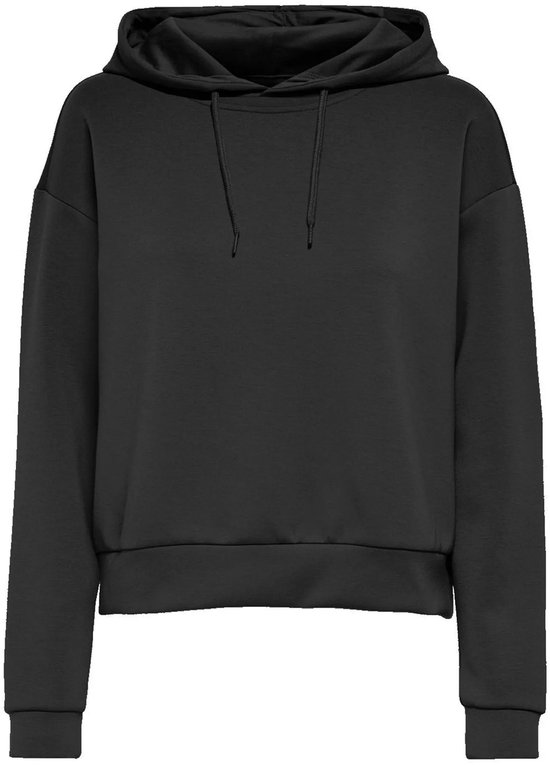 Zwarte cropped hoodie met capuchon en trekkoordjes.