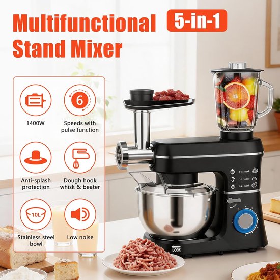 5-in-1 multifunctionele staande mixer, 1400W, 6 snelheden, kantelbare kop, vleesmolen, 10L roestvrijstalen kom, met deeghaak, mengklopper, garde, 1,5L sapbeker black — afbeelding 4