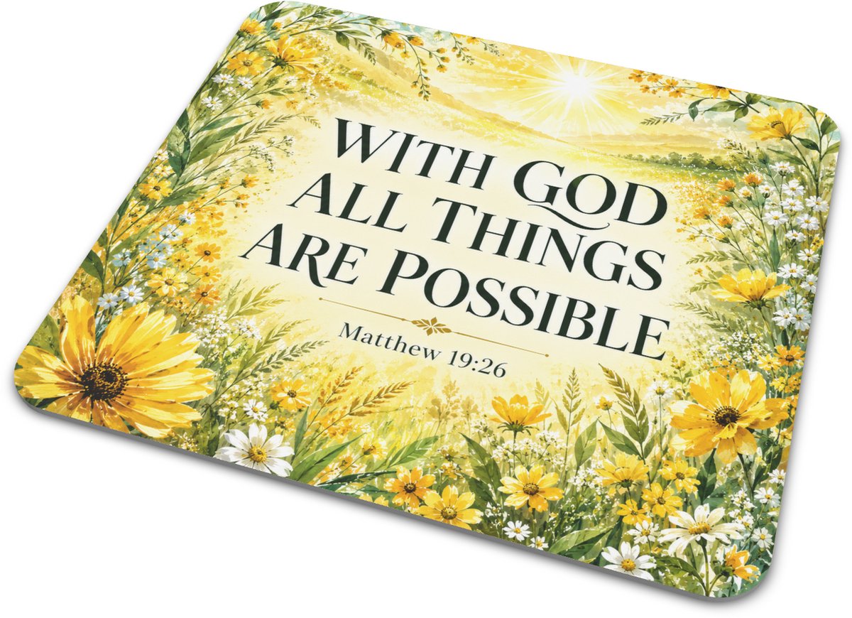 Muismat met Bijbeltekst - With God All Things Are Possible - Matthew 19:26 - Christelijke Quote met Gele Wilde Bloemen en Zonnige Weide - Vrolijke Bureau Decoratie