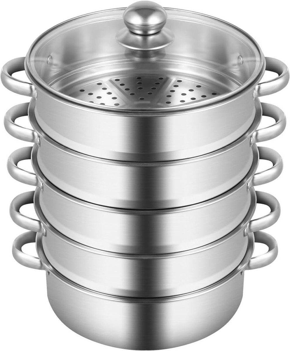 Stoompan RVS Kookpan Stomer Gezond Koken 5-laags Ontwerp 26 tot 30 cm Zilverkleurig