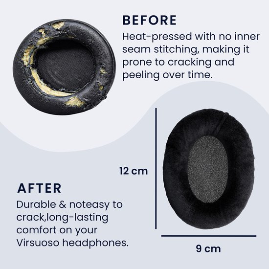 Voor en na de vervanging van de hoofdtelefoon oorkussens. Het nieuwe kussen is zwart, 9 cm breed en 12 cm hoog.
