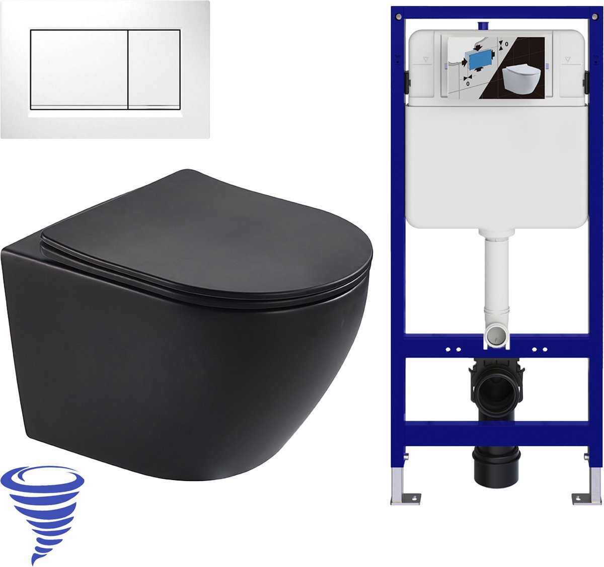 LOMAZOO Hangtoilet met Inbouwreservoir - Rond Zwart - Drukplaat Vierkant Wit - Linea