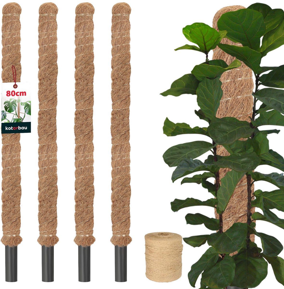 KOTARBAU® 4 st Kokosstok, Plantenstok, ⌀ 3,2 x 80 cm, Kokosstaaf, Klimhulp Monstera, Bruin, Kokosvezel, Klimhulp, Plantenstaaf, Kokosstok voor Monstera, Kokosstaaf voor Klimplanten