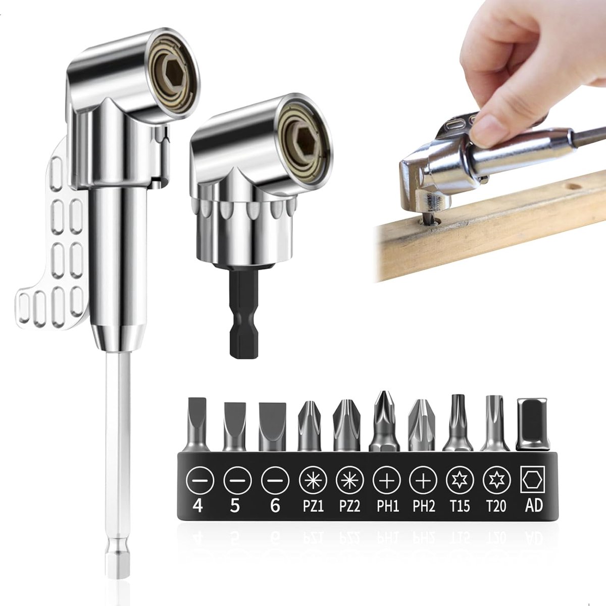 KARZO 105° Hoek Schroevendraaier, Multifunctionele Hoek Schroevendraaier Bevestiging (Kort en Lang), 1/4 Inch Hex Shank, Hoek Bevestiging voor Draadloze Schroevendraaier, Hoek Aandrijving voor Garage en