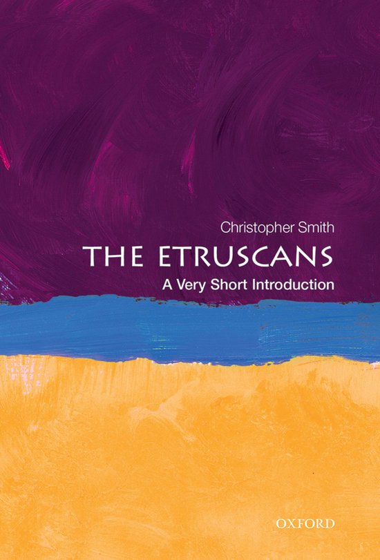 Boekcover met paarse, blauwe en gele strepen. Titel: THE ETRUSCANS A Very Short Introduction door Christopher Smith.