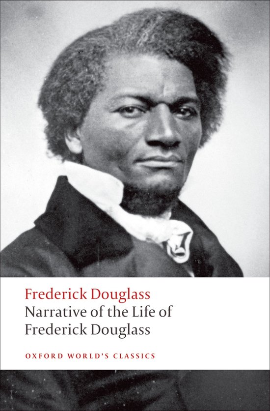 Portrait de Frederick Douglass, vêtu d'un manteau sombre et d'un ascot blanc, sur la couverture de 'Narrative of the Life of Frederick Douglass'.