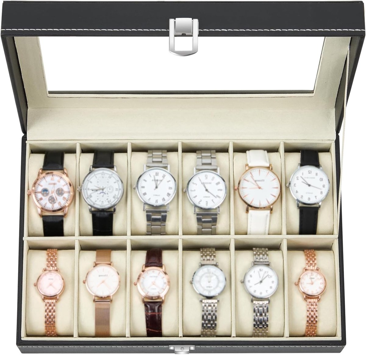 Elegant Horloge Doos met 12 Slots, Glazen Deksel, PU Lederen Houder en Fluwelen Kussens - Perfecte Opbergoplossing voor Mannen en Vrouwen, Ideaal Cadeau voor Verjaardagen