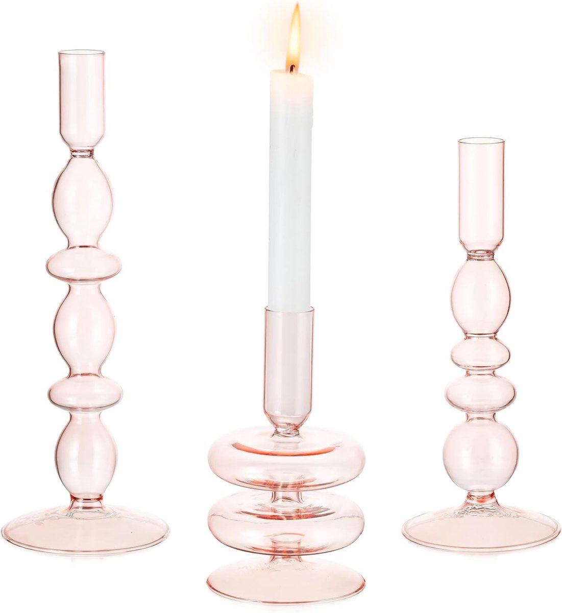 Set van 3 Roze Glazen Kandelaars voor Lange Kaarsen - Elegante Houder voor Woondecoratie