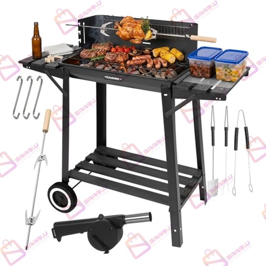 Houtskool BBQ Grill met Draaispit - Warmhoudrooster - Zijtafels - Tuingrill Zwart - bbq houtskool - 62552