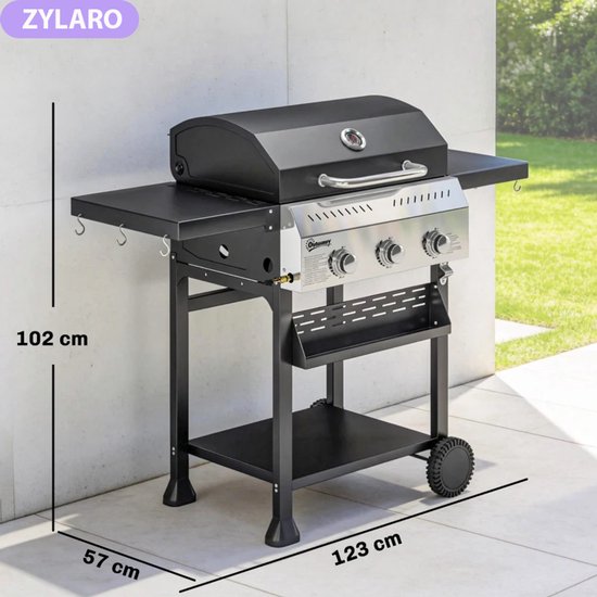 Gasbarbecue - Gasbarbecue en grill - 3 Branders - 9 kW - Grillwagen - Barbecuewagen - met Grillrooster, Wielen, Inklapbaar Bijzettafels, Thermometer, Onderste Plank, 6 Haken en Warmhoudplaten - 123 x 57 x 102 cm - Zwart — afbeelding 2