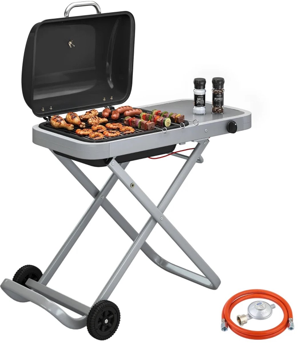 Draagbare Gasbarbecue - Gasbarbecue en grill - 1 Branders - 2,5 kW - Grillwagen - Barbecuewagen - met Grillrooster, Wielen, Inklapbaar Onderstel, Bijzettafels, Thermometer & Deksel - 109 x 55 x 89 cm - Zwart + Zilver