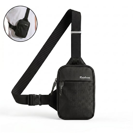 Rainbecom - Sac de poitrine noir élégant - Petit sac à bandoulière - 19x13,5x3 cm - Sac à bandoulière - Petit sac à main - Nylon et polyester - Mini sac de poitrine étanche réglable - Sac pour téléphone - Homme et femme - Antivol