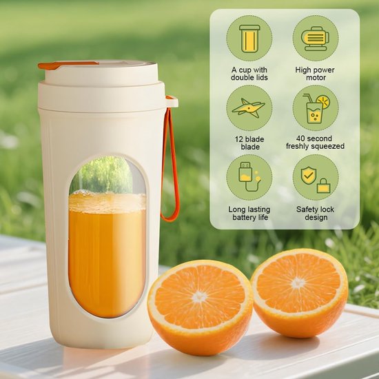 Draagbare Blender met 12 Messen - 450ml - Mini Smoothie Maker - 1500mAh Accu - 2-in-1 Design met Drinkdeksel - USB-C - Wit van Merkloos — afbeelding 3