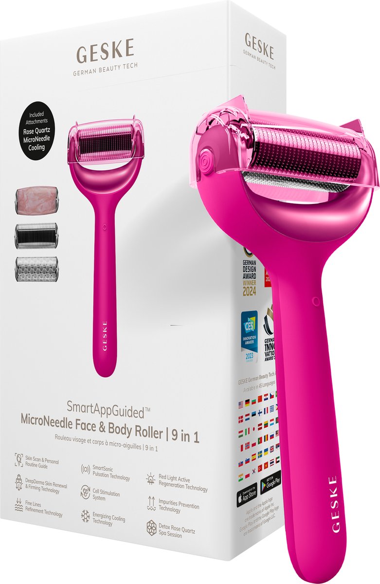 GESKE | SmartAppGuided™ MicroNeedle Face & Body Roller | 9 in 1 | rozenkwarts | Elektrische dermaroller | Microneedling | Microneedling-apparaat | Roller | Schoonheidsroller voor gezicht en lichaam