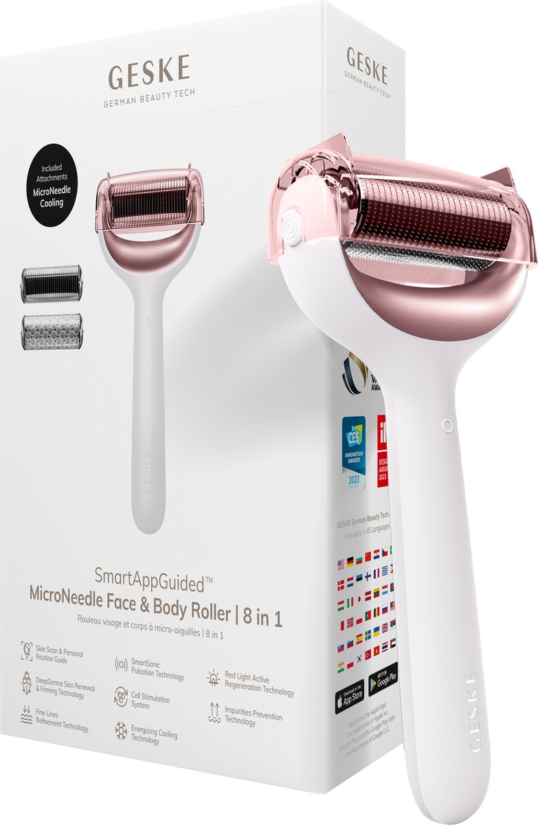 GESKE | SmartAppGuided™ MicroNeedle Face & Body Roller | 8 in 1 | Elektrische dermaroller | Microneedling | Microneedling-apparaat | Naaldrol | Naaldroller | Schoonheidsroller voor gezicht en lichaam