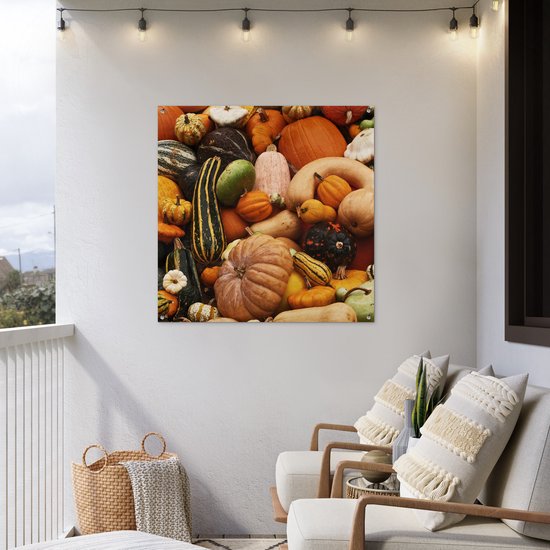 Tuinposter 100x100 cm - Tuindecoratie Pompoen - Herfst - Oranje - Poster voor in de tuin - Buiten decoratie - Schutting tuinschilderij - Tuindoek muurdecoratie - Wanddecoratie balkondoek