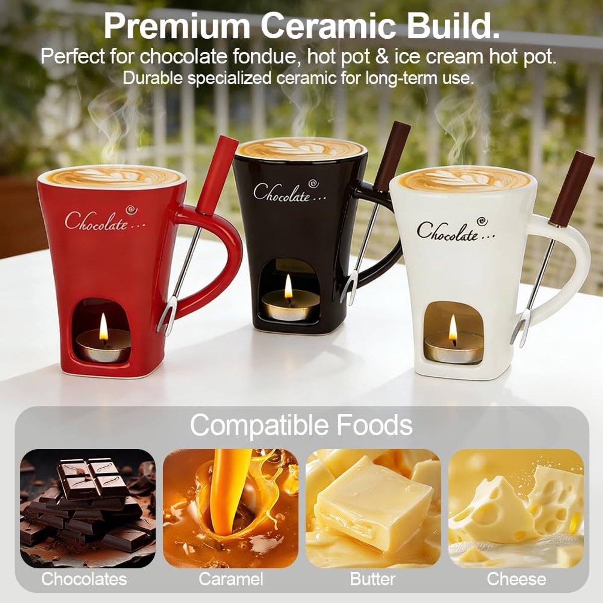 Chocolade Fondue Set Keramiek - Perfect Smelten & Warmhouden - Kaarsverwarming - Inclusief Vork - Compact 130ml - Voor Dessert Fruit Kaas - Mini Fonduepot Chocoladebeker — cadeau in Kookcadeaus - foto 7