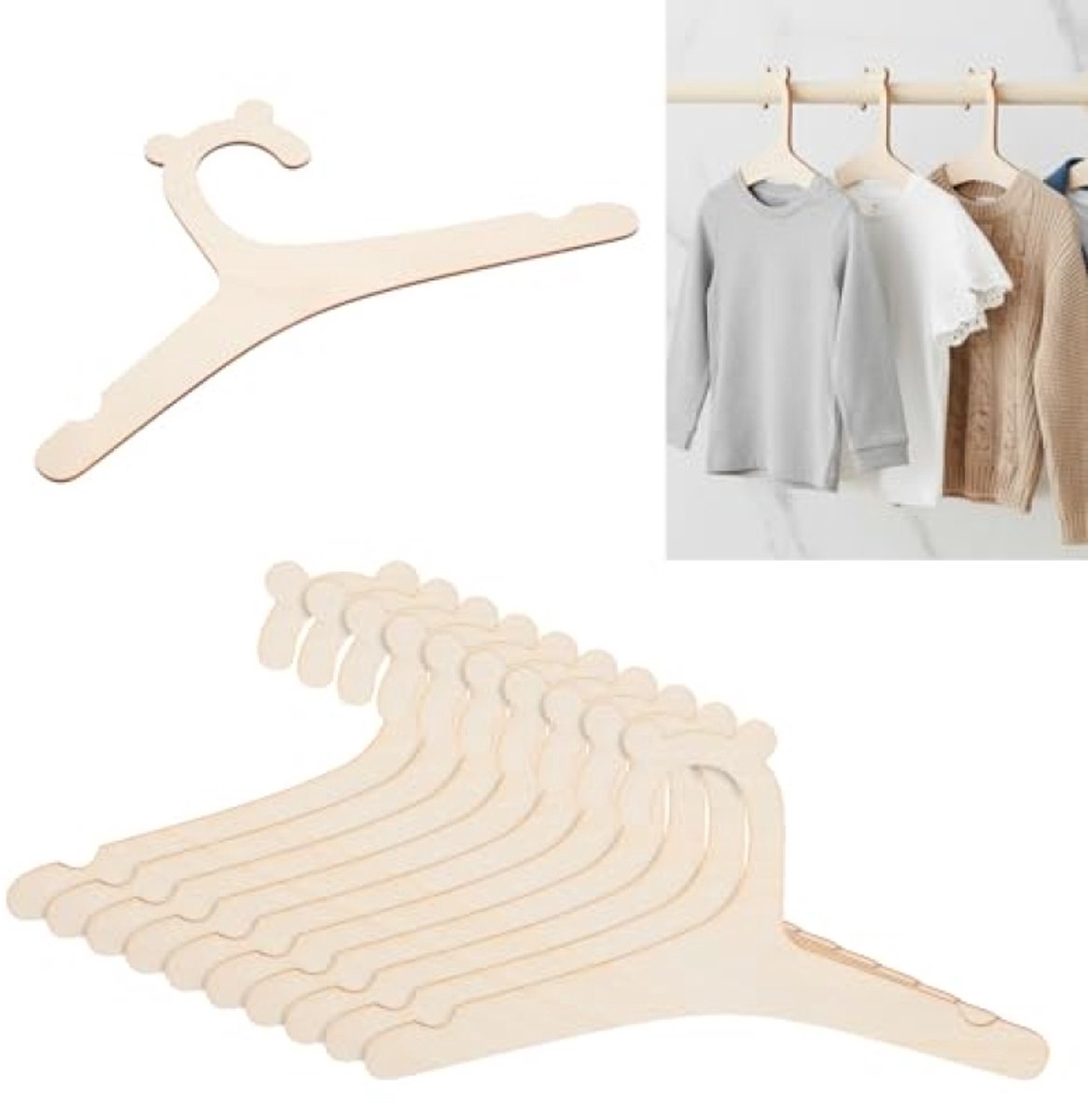PromoHome - Set van 10 houten kinderkleerhangers met antislip, konijnendesign - Voor baby- en kinderkleding, jassen en jurken