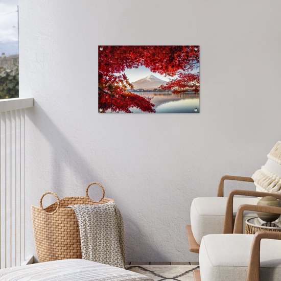 Décoration de jardin Mont Fuji vu à travers les feuilles rouges au Japon - 60x40 cm - Poster jardin - Toile jardin - Poster extérieur