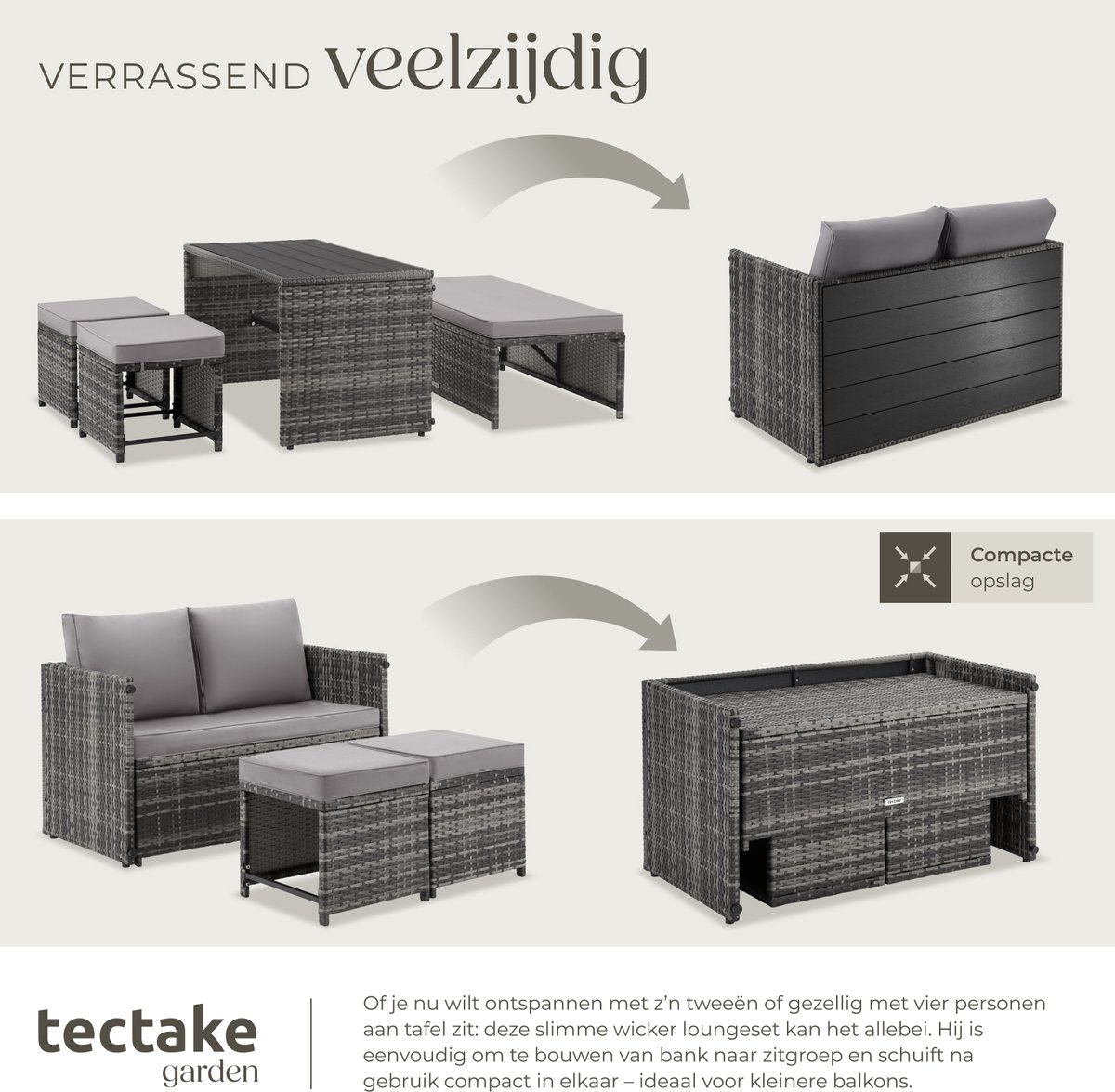 tectake® 2-in-1 Wicker Loungeset - Modulaire Tuinset - Te gebruiken als Tuinbank en Voetenbankjes - Tuintafel - Zitgroep voor 2 of 4 Personen - 110 x 60 cm - Tuinmeubelen - Voor Tuin, Balkon en Terras - Inclusief Kussens - Grijs – foto 6
