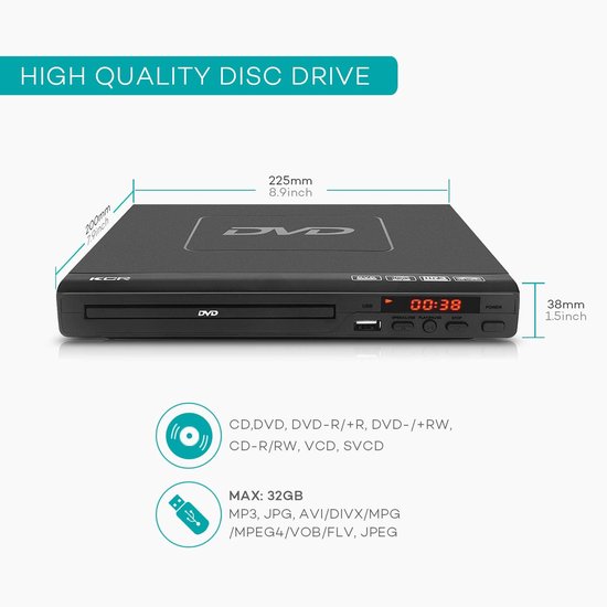DVD-Speler voor TV met HDMI en AV-Uitgang - USB-Ingang - Inclusief Afstandsbediening - Geschikt voor Thuisonderwijs en Entertainment — afbeelding 4
