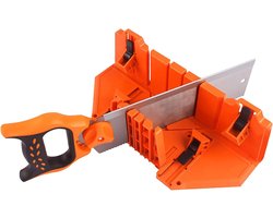 Professionele verstekzaag met 35.5 cm verstekbak, verstelbare klemmen en multi-hoek bevestiging voor bouwprojecten