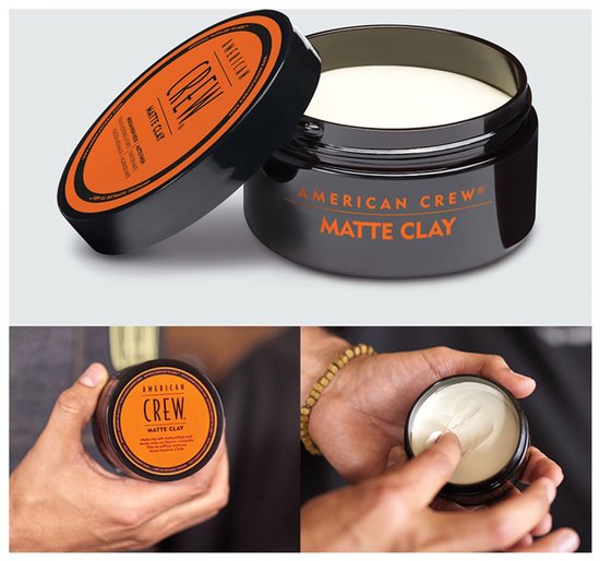 Collage: Pot American Crew Matte Clay en handen die het product aanbrengen.