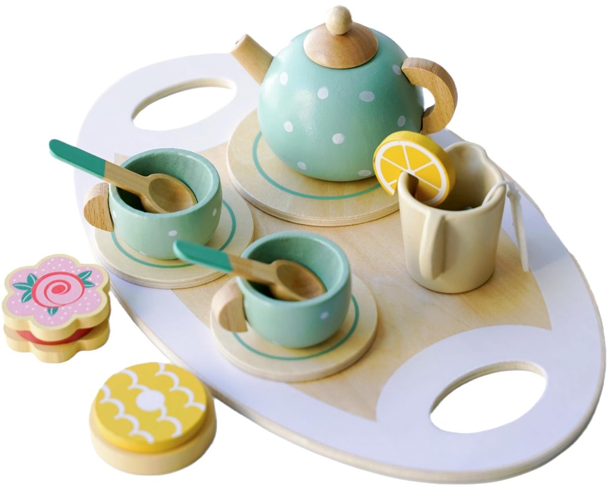 Houten theeservies, afternoon tea, theefeest simulatiespeelgoed