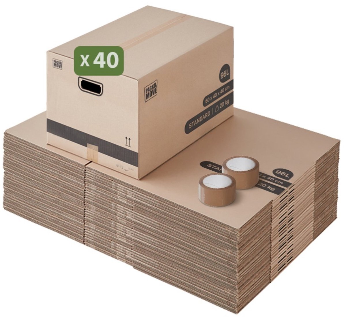 Pack and Move - Set 40 verhuisdozen L breed - 40 x 60 x 40 cm - Versterkte handgrepen - 2 tapes gratis