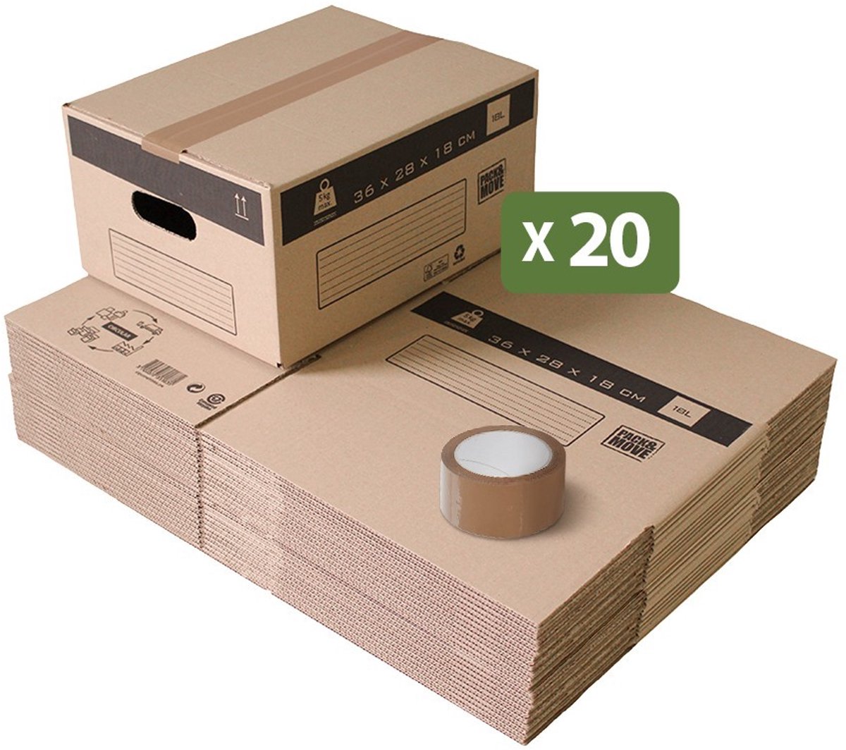 Pack and Move - Set 20 verhuisdozen opslag S - 36 x 28 x 18 cm - Versterkte handgrepen - 1 tape gratis