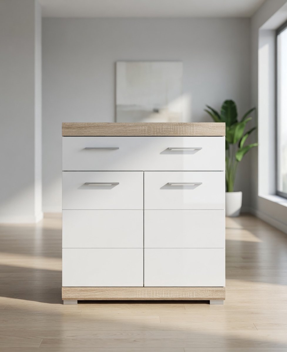 Moderne Badkamer Staande Kast 74 cm – Wit Hoogglans & Sonoma Eiken Opbergkast met 2 Deuren