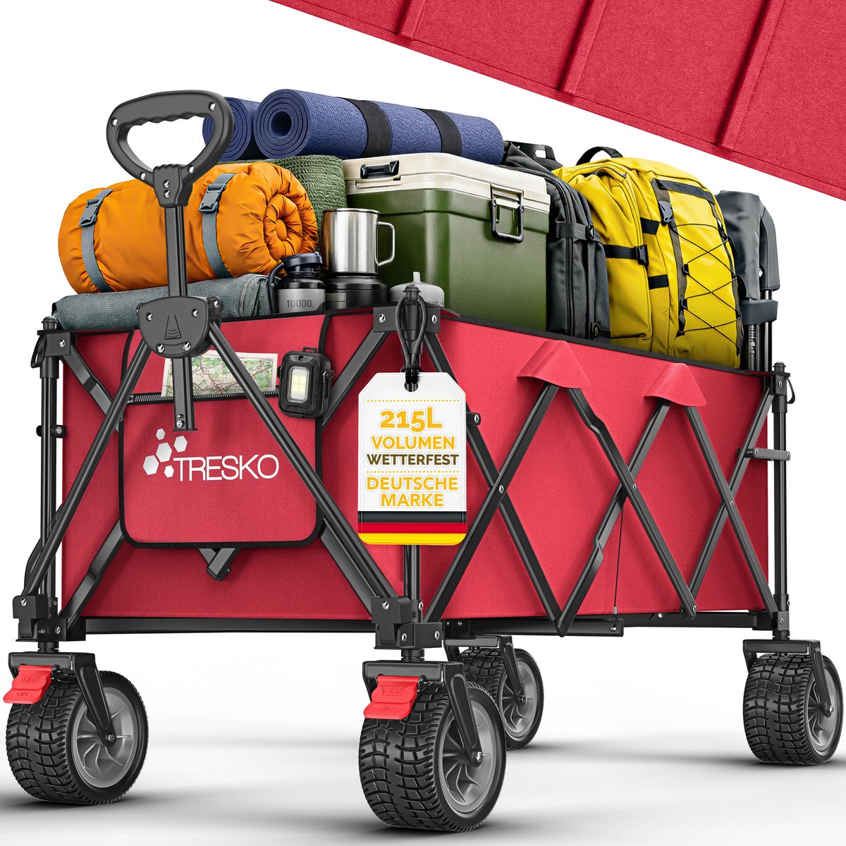 TRESKO® Bolderwagen opvouwbaar 215L met rem | Handwagen inklapbaar 150kg incl. massief rubberen banden | Opvouwbare strandwagen extra brede all-terrain wielen | Transportwagen met draagtas