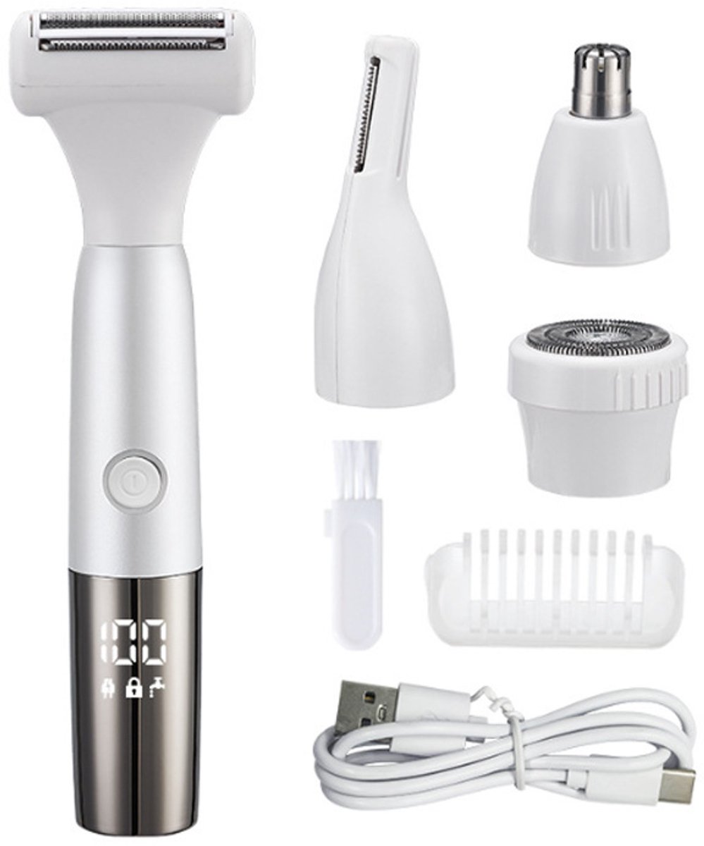 4-in-1 Oplaadbare Multifunctionele Ontharingsset met LED-display, Scheerapparaat voor Gezicht, Lichaam en Neushaartrimmer, Wit-Zilver