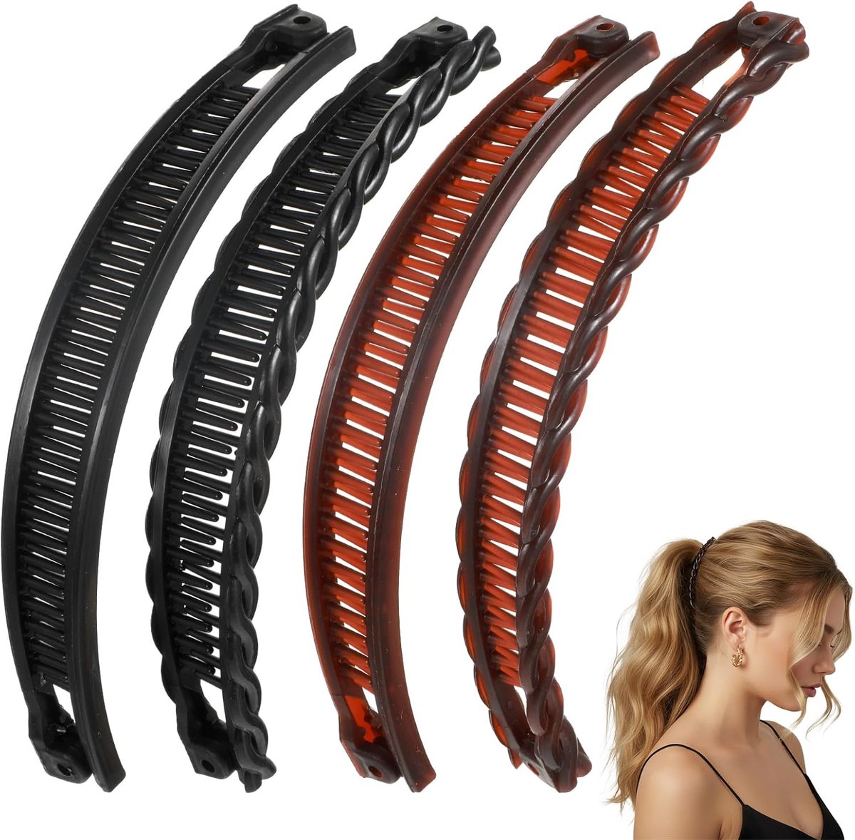 4 stuks grote banaanclip voor dik haar, vintage banaanclip, antislip banaanclip voor paardenstaart, banaanclip voor dik haar voor vrouwen en meisjes (zwart, bruin)