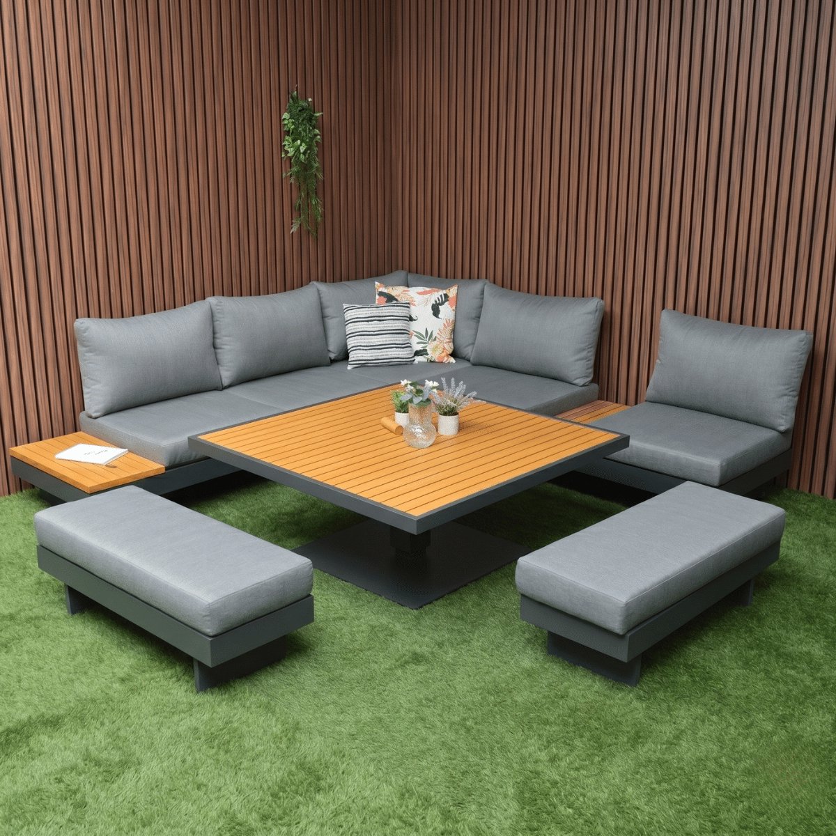 Luxe Lounge Diningset Toscane XXL - Verstelbare Tuinset Aluminium/Hout (incl. 2 bankjes) - 81950
