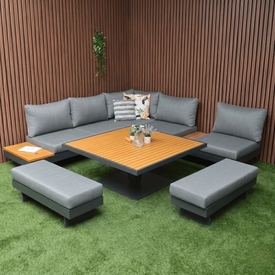 Luxe Lounge Diningset Toscane XXL - Ensemble de jardin réglable Aluminium/Bois (incl. 2 banquettes) - 81950