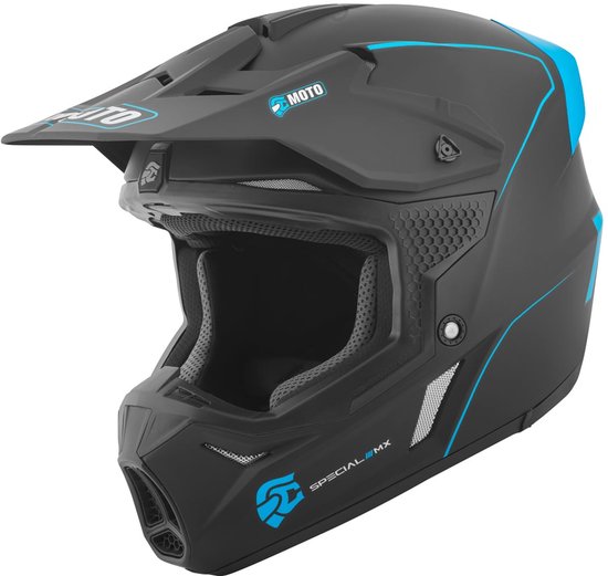 Zwarte motorcrosshelm met blauwe accenten en vizier.
