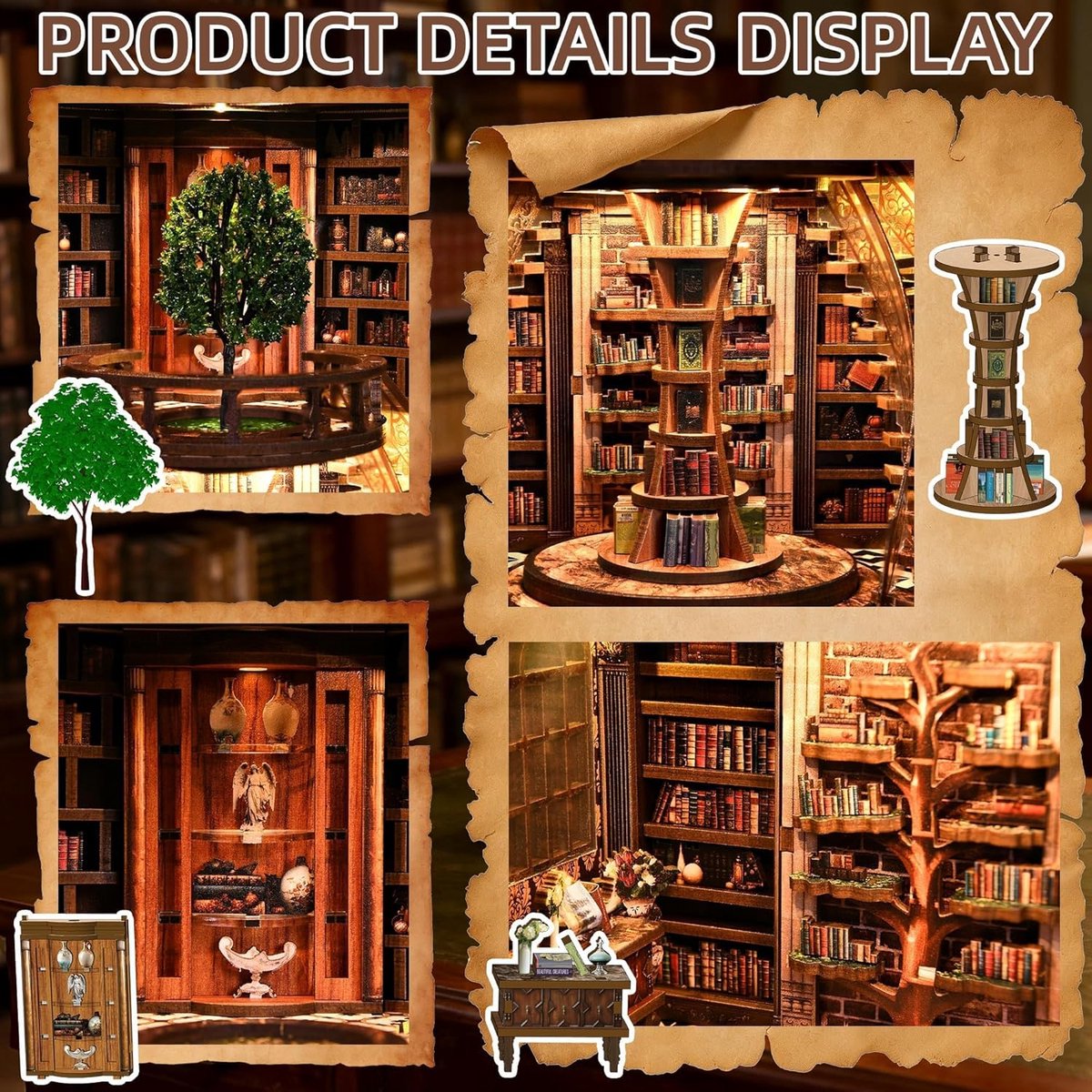 Miniatuur Bouwpakket-DIY Book Nook Kit-DIY Miniatuur Boekenkast met LED & Deur – Houten 3D Puzzel Bibliotheek – Touch Verlichting – Decoratie & Cadeau voor Volwassenen — afbeelding 3