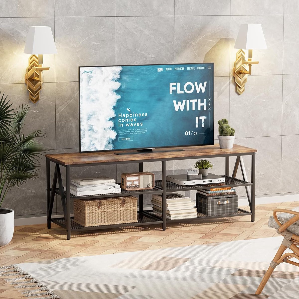 Industrieel TV Meubel 140 cm – TV Kast met Open Vakken voor 65 inch – Stevig Lowboard met Stalen Frame & Houtlook – TV Tafel Woonkamer – Rustiek Bruin/Zwart – Mobili Bella