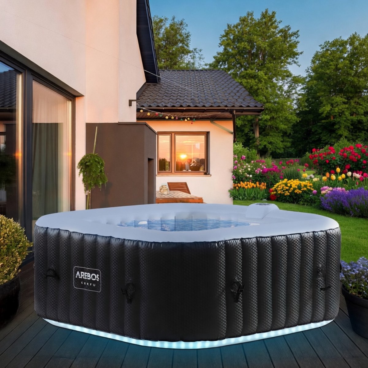 Whirlpool with LED Lighting | 6 Colours | Inflatable | Square | Indoor and Outdoor | 4 People | 100 Massage Jets | With Heating | 600 L | Includes Cover-Mobili Bella